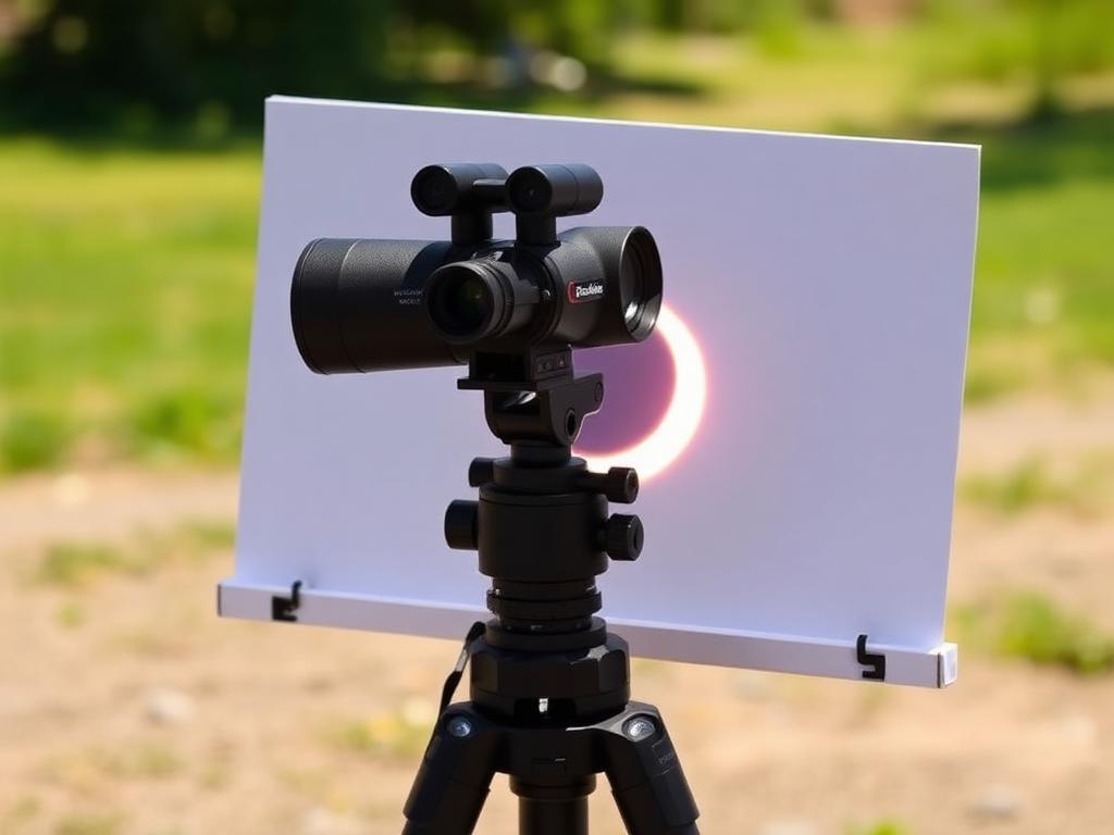 Illustration of binoculars on a tripod projecting the eclipsed Sun onto white cardboard